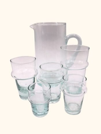 Handmade Moroccan blown glass set—glasses & pitcher