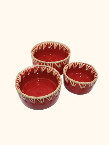 Set of Red Moroccan Ceramic Bowls with Straw Finish – Handmade